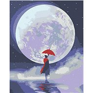 Woman standing with umbrella against the full moon, 40×50 cm, stretched canvas on frame - Painting by Numbers
