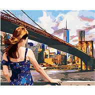Woman at the Brooklyn Bridge in New York, 40×50 cm, stretched canvas on frame - Painting by Numbers