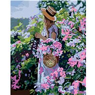 Woman in a hat near flowers, 80×100 cm, without frame and without canvas shut off - Painting by Numbers