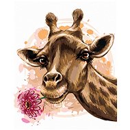 Giraffe with gerbera, 80×100 cm, canvas on frame - Painting by Numbers