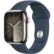 Apple Watch Series 9 41 mm Cellular Strieborný nerez s búrkovo modrým športovým remienkom – M/L - Smart hodinky