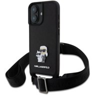 Karl Lagerfeld Saffiano Crossbody Strap Metal Karl and Choupette Back Cover for iPhone 16 Plus Blac - Phone Cover