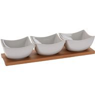 Koopman Bowl Serving Set 4 pieces. (1x Bamboo. Tray 30x10cm + 3x Porcelain Bowl 9,5x5,5cm) - Serving Set