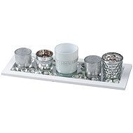 Koopmann International Set of 6 glass candlesticks, 190 × 70 × 90 mm, on wooden tray, white/silver - Candlestick