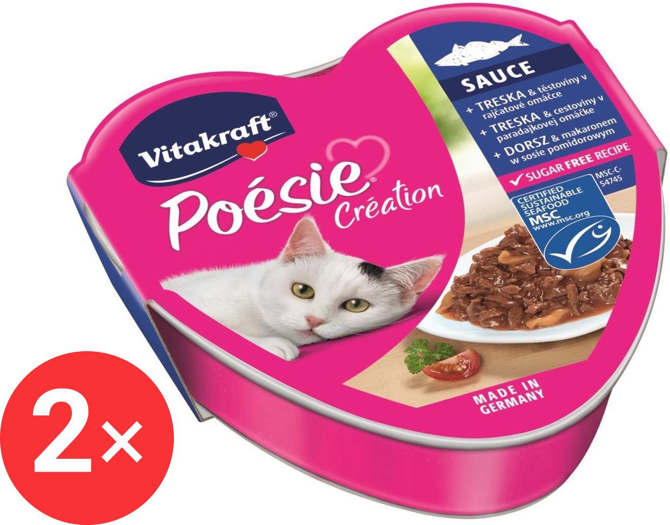 Vitakraft Cat wet food Poésie Création cod, pasta, tomato 2 × 85 g - Canned Food for Cats