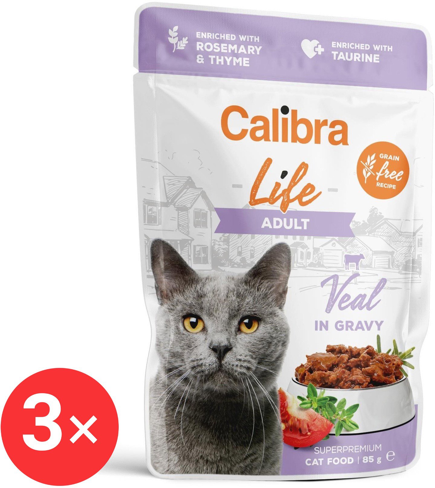Calibra Cat Life pocket for adult cats with veal in sauce 3 × 85 g - Cat Food Pouch