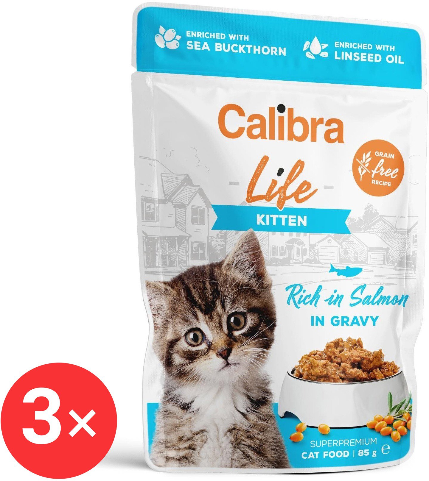 Calibra Cat Life Capsule for kittens with salmon in sauce 3 × 85 g - Cat Food Pouch