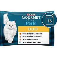 Gourmet Perle DUO chicken and beef, turkey and lamb, veal and duck, rabbit and venison 4x85 g, 4 pcs - Cat Food Pouch