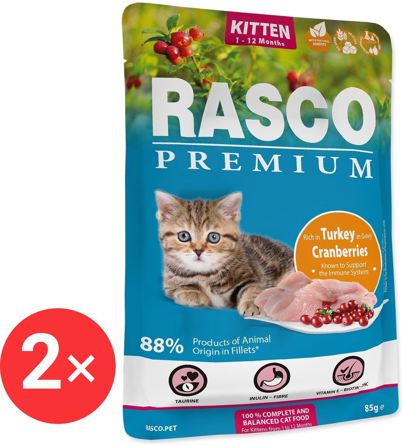 Rasco Premium Kitten Turkey Capsule with cranberry 2 × 85 g - Cat Food Pouch