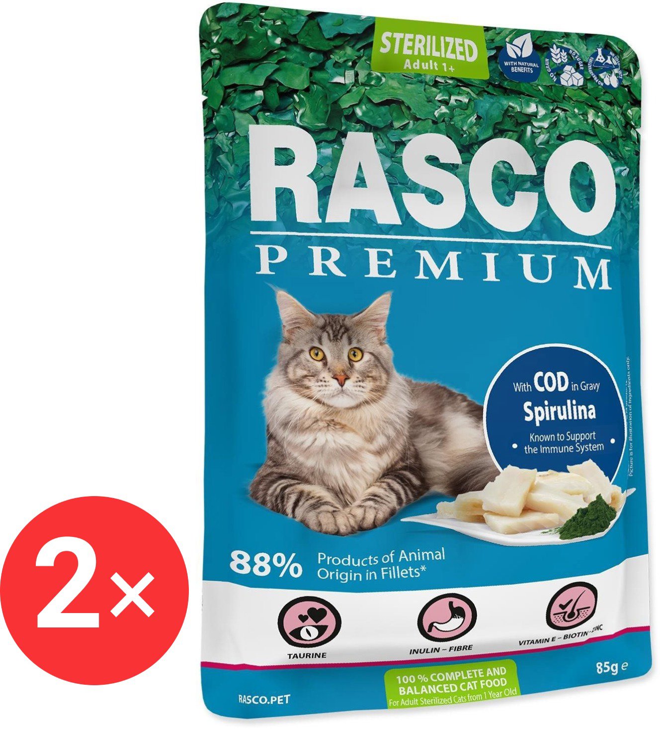 Rasco Premium Sterilized cod with spirulina 2 × 85 g - Cat Food Pouch
