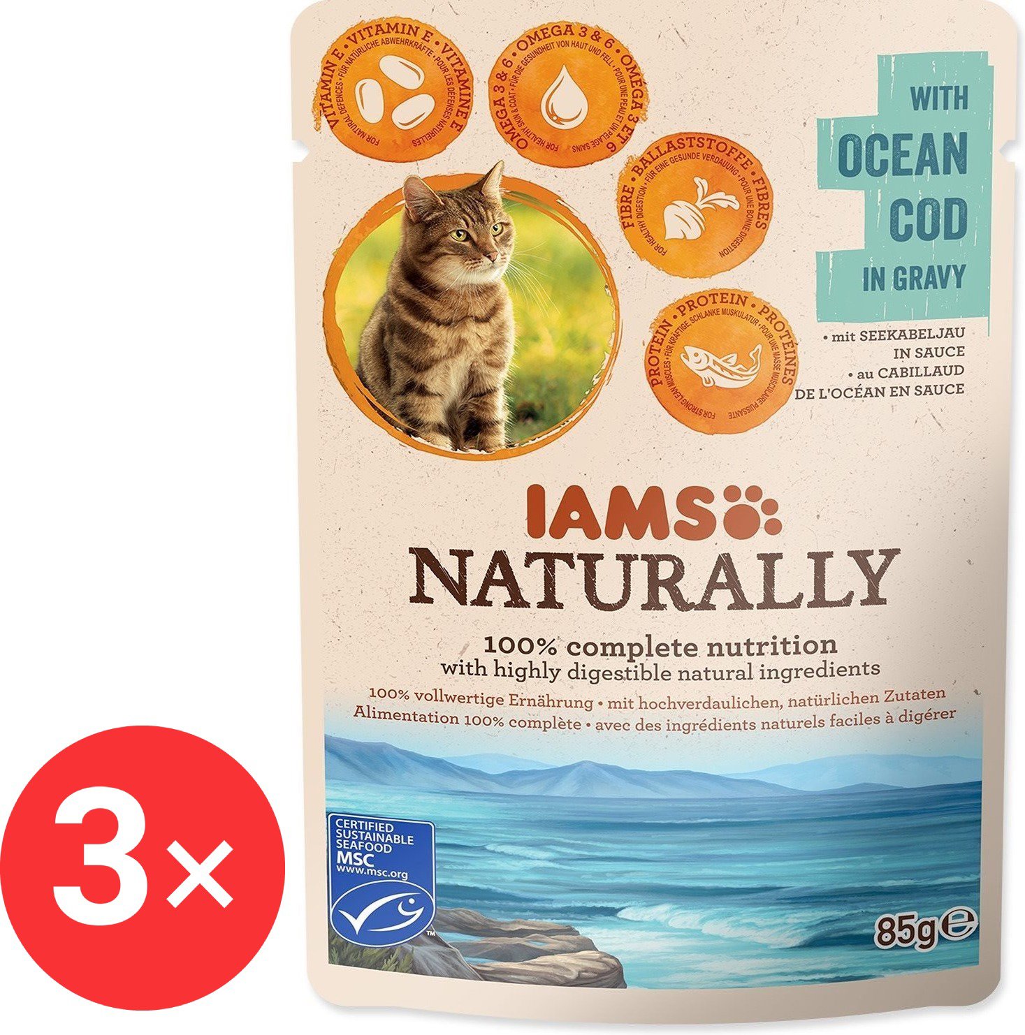 IAMS Naturally Capsule cod in sauce 3 × 85 g - Cat Food Pouch