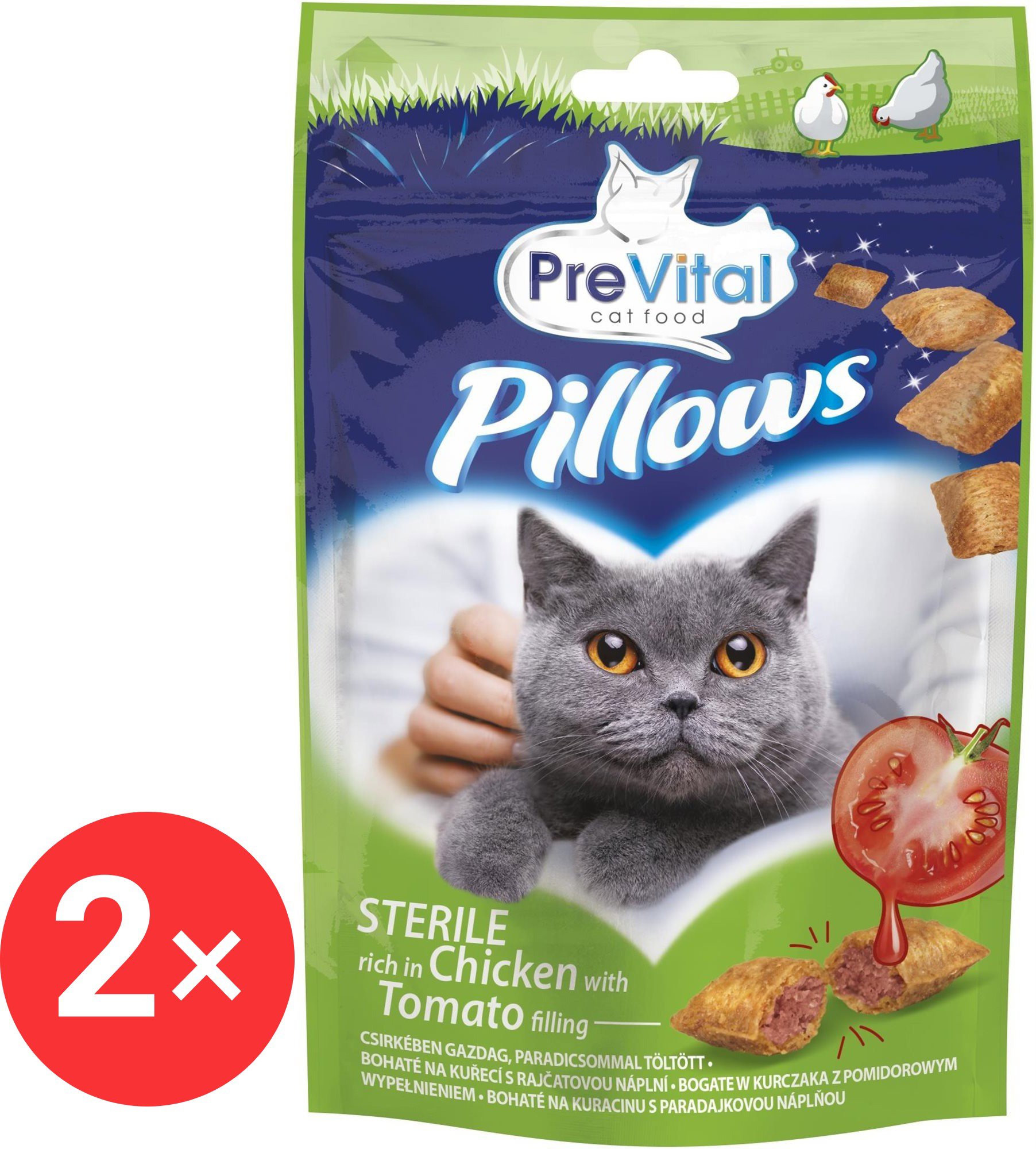 PreVital Pillows for sterilized cats with chicken and tomato 2 × 60 g - Cat Treats