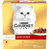Gourmet Gold konzervy pre mačky hovädzie, morka a kačica, losos a kura, kura a pečeň v šťave 8× 85 g - Konzerva pre mačky