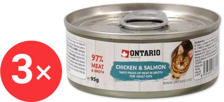 Ontario Canned chicken pieces with salmon 3 × 95 g - Canned Food for Cats