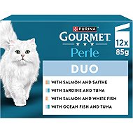 Gourmet Perle salmon and cod, sea fish and tuna, salmon and fish, sardines and tuna in juice 12x85g - Cat Food Pouch