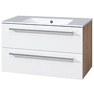 Bino bathroom cabinet with ceramic sink 100cm, white/oak, 2 drawers - Bathroom Cabinet