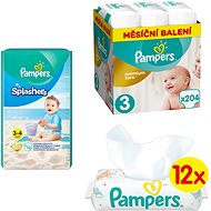 PAMPERS Premium Care size 3 Midi (204 pcs), PAMPERS Splashers size 3 (5-9 kg) 12 pcs, PAMPERS Sensitiv - Children's Kit
