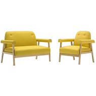Sofa Set for 3 People, 2 pieces of Textile Upholstery, Yellow - Sofa