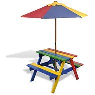 Children&#39; s picnic table, benches and parasol multicoloured wood - Garden Table