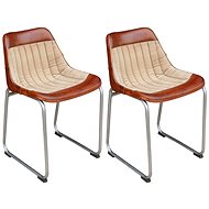 Dining chairs 2 pcs brown and beige genuine leather and canvas - Dining Chair