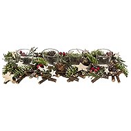 ATMOSPHERA Christmas Decoration Yule Log with 4 Red Wooden Tea Light Holders - Christmas Candlestick