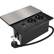 Solight built-in socket block with sliding cover, 2 sockets, USB A+C 20W PD, 2 m, silver - Surge Protection Socket Strip