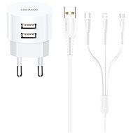 USAMS T20 Dual USB Round Travel Charger + U35 3in1 micro + USB-C + Lightning Cable White - AC Adapter