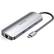 Vention Type-C (USB-C) to HDMI / 3x USB3.0 / RJ45 / SD / TF / PD 0.15M Gray Aluminum Alloy Type - Port replikátor
