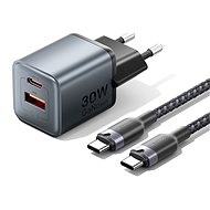 Vention 2-Port USB (C + A) GaN Charger (30W/18W) Gray with USB-C to USB-C Cable (1M) Black EU-Plug - Wall Charger