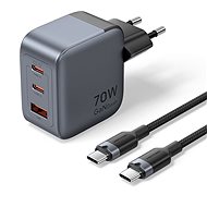 Vention 3-Port USB (C+C+A) GaN Charger (70W/70W/22.5W) Gray with USB-C to USB-C Cable (1M) Black - Wall Charger