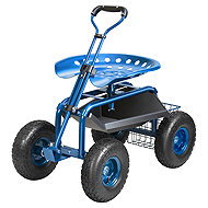 RealG RC-K-2338 Garden Trolley with Seat and Tool Basket, 360° Swivel, Blue - Garden Cart