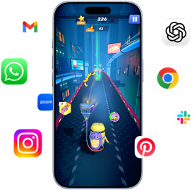 iPhone s hrou Minion Rush na obrazovke obklopený ikonami apiek Gmail, WhatsApp, Zoom, Instagram, ChatGPT, Google Chrome, Slack a Pinterest