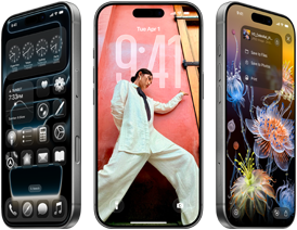 Tri iPhony 17 Pro z rôznych uhlov s tromi rôznymi obrazovkami iOS 26 vrátane plochy s dizajnom Liquid Glass, pozadia a apky Fotky