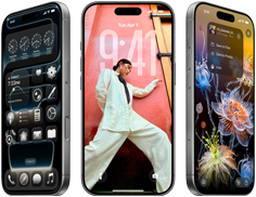 Tri iPhony 17 Pro z rôznych uhlov s tromi rôznymi obrazovkami iOS 26 vrátane plochy s dizajnom Liquid Glass, pozadia a apky Fotky