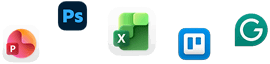 Rozptýlené ikony různých aplikací, jako jsou Microsoft PowerPoint, Affinity Photo&nbsp;2, Microsoft Excel, Trello a&nbsp;Grammerly