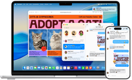 MacBook&nbsp;Air se zobrazenou textovou zprávou v&nbsp;aplikaci Zprávy a&nbsp;s&nbsp;ukázkou Kontinuity mezi zařízeními, vedle něj je iPhone&nbsp;16 Pro&nbsp;Max se stejnou zprávou na obrazovce