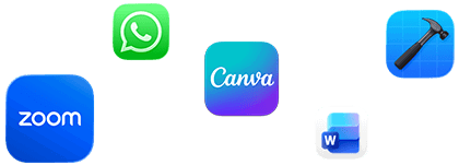 Ikony různých aplikací včetně Zoomu, WhatsAppu, Canvy, Microsoft Wordu a Xcodu