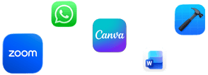 Ikony různých aplikací včetně Zoomu, WhatsAppu, Canvy, Microsoft Wordu a Xcodu