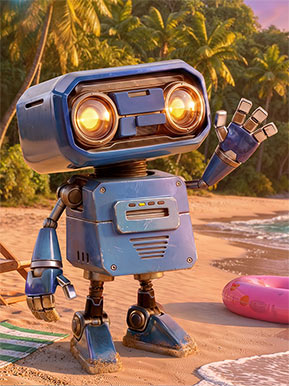 Robot mávajúci na pláži