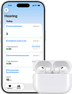 AirPody&nbsp;Pro&nbsp;3 v&nbsp;MagSafe nabíjecím pouzdře, iPhone&nbsp;17&nbsp;Pro, na obrazovce je text v&nbsp;angličtině, v&nbsp;překladu: Sluchový test