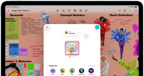 iPad Air, pohled zepředu, orientace na šířku, tlačítka zvýšení a&nbsp;snížení hlasitosti a&nbsp;tlačítko napájení, na displeji se zobrazuje barevné rozhraní aplikace s&nbsp;různými ikonami