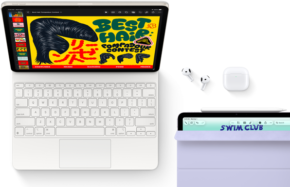 Hvězdně bílý iPad Air připojený k&nbsp;Magic&nbsp;Keyboardu, Airpodům&nbsp;Pro a&nbsp;Apple&nbsp;Pencilu&nbsp;Pro, na displeji iPadu je zobrazená pestrobarevná grafika