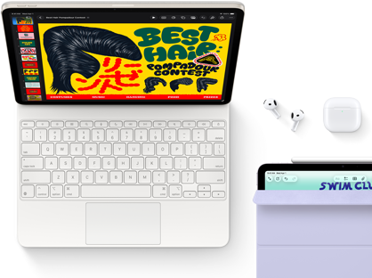 Hvězdně bílý iPad Air připojený k&nbsp;Magic&nbsp;Keyboardu, Airpodům&nbsp;Pro a&nbsp;Apple&nbsp;Pencilu&nbsp;Pro, na displeji iPadu je zobrazená pestrobarevná grafika