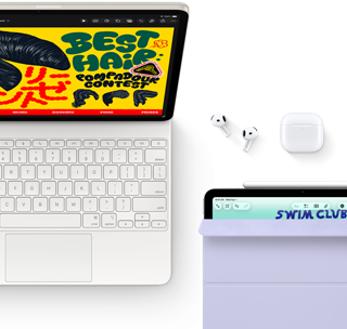 Hvězdně bílý iPad Air připojený k&nbsp;Magic&nbsp;Keyboardu, Airpodům&nbsp;Pro a&nbsp;Apple&nbsp;Pencilu&nbsp;Pro, na displeji iPadu je zobrazená pestrobarevná grafika