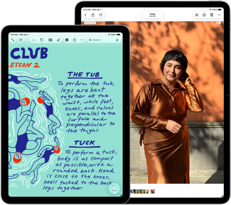 iPad Air ve dvou velikostech, 11&nbsp;palců a&nbsp;13&nbsp;palců, na 11palcovém je zobrazený barevný text v&nbsp;aplikaci Poznámky, na 13palcovém je fotka osoby v&nbsp;aplikaci Fotky