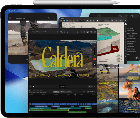 iPad Pro, pohled zepředu, orientace na šířku, vesmírně černá barva, Apple Pencil přicvaknutý k horní straně zařízení, displej s několika okny aplikací otevřenými přes sebe – Final Cut Pro s časovou osou a různými funkcemi na úpravy videa, Mapy, Poznámky a různé mediální ukázky
