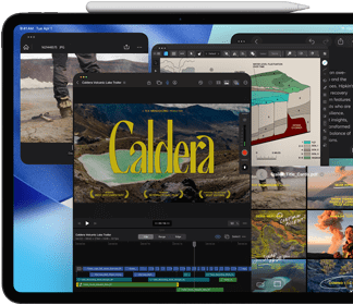 iPad Pro, pohled zepředu, orientace na šířku, vesmírně černá barva, Apple Pencil přicvaknutý k horní straně zařízení, displej s několika okny aplikací otevřenými přes sebe – Final Cut Pro s časovou osou a různými funkcemi na úpravy videa, Mapy, Poznámky a různé mediální ukázky