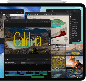 iPad Pro, pohled zepředu, orientace na šířku, vesmírně černá barva, Apple Pencil přicvaknutý k horní straně zařízení, displej s několika okny aplikací otevřenými přes sebe – Final Cut Pro s časovou osou a různými funkcemi na úpravy videa, Mapy, Poznámky a různé mediální ukázky