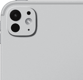 iPad Pro, pohled zezadu, stříbrná barva, profesionální fotosoustava s pětičlenným objektivem a adaptivním True Tone bleskem