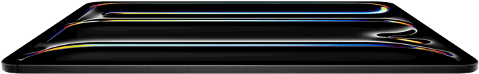 iPad Pro, pohled zepředu, vesmírně černá barva, tělo z&nbsp;hliníku a&nbsp;skla, tenký profil, nakloněný dozadu a&nbsp;na displeji se zobrazuje grafika s&nbsp;pestrobarevnými čárami